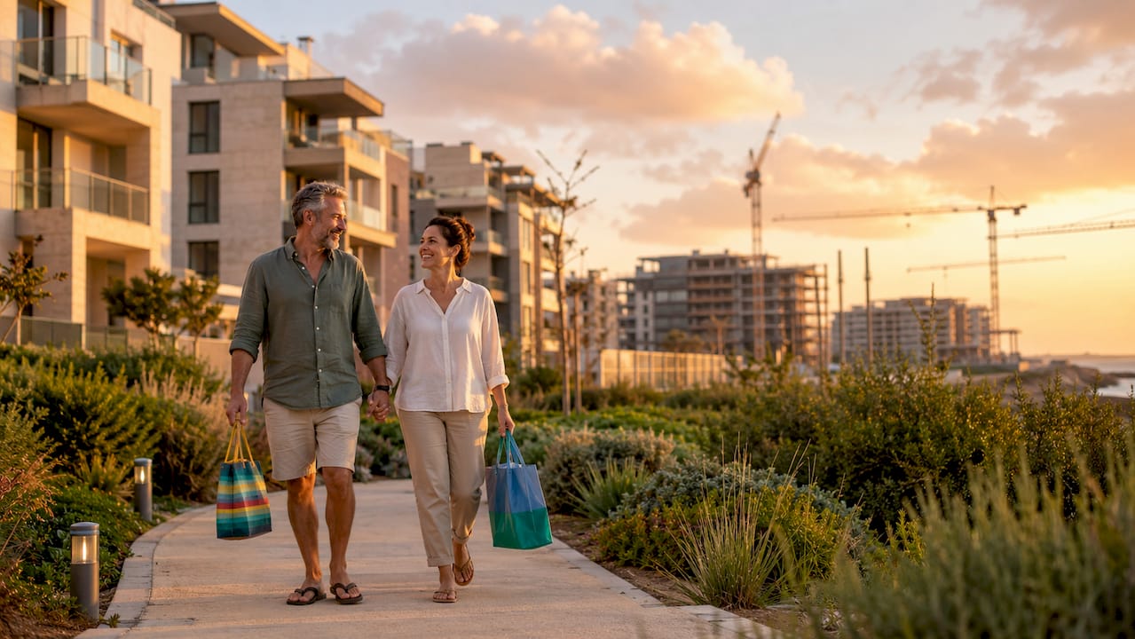 New residential buildings with couple walking outdoors