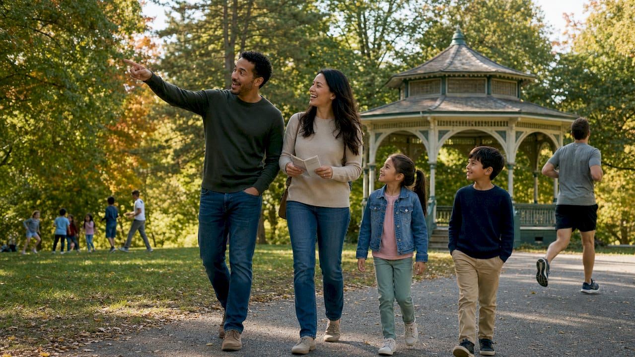 Family exploring neighborhood near religious property
