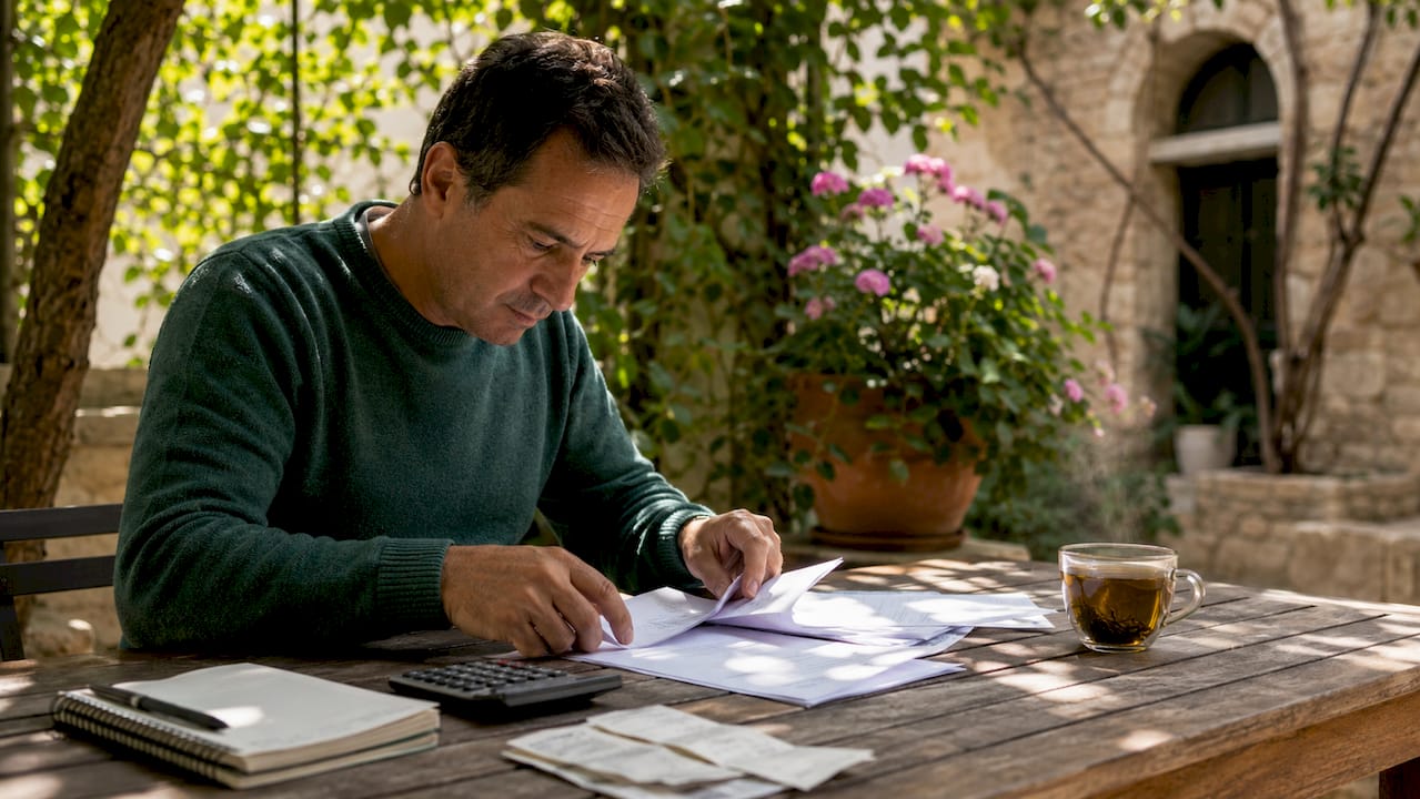 Hands organizing budget papers at kitchen table