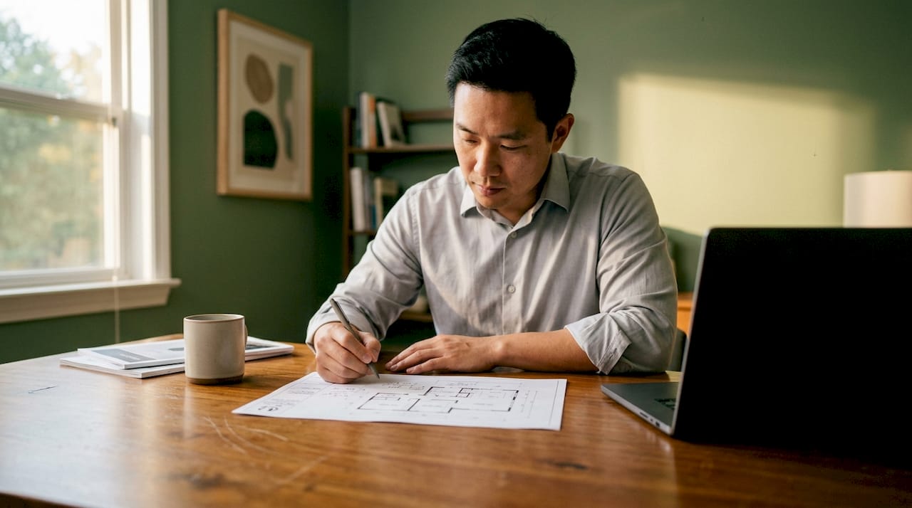 Appraiser studying home documents indoors