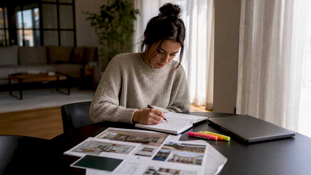 Woman preparing property viewing notes at kitchen table