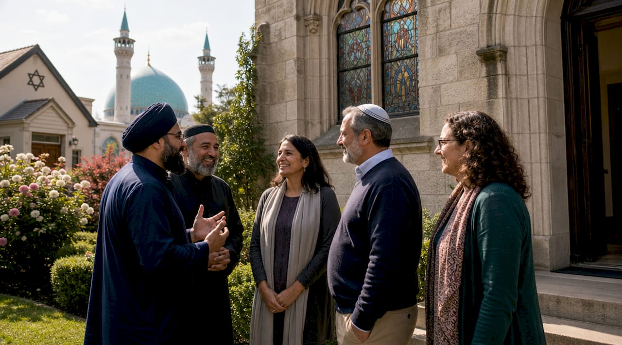 Diverse religious community buildings in neighborhood
