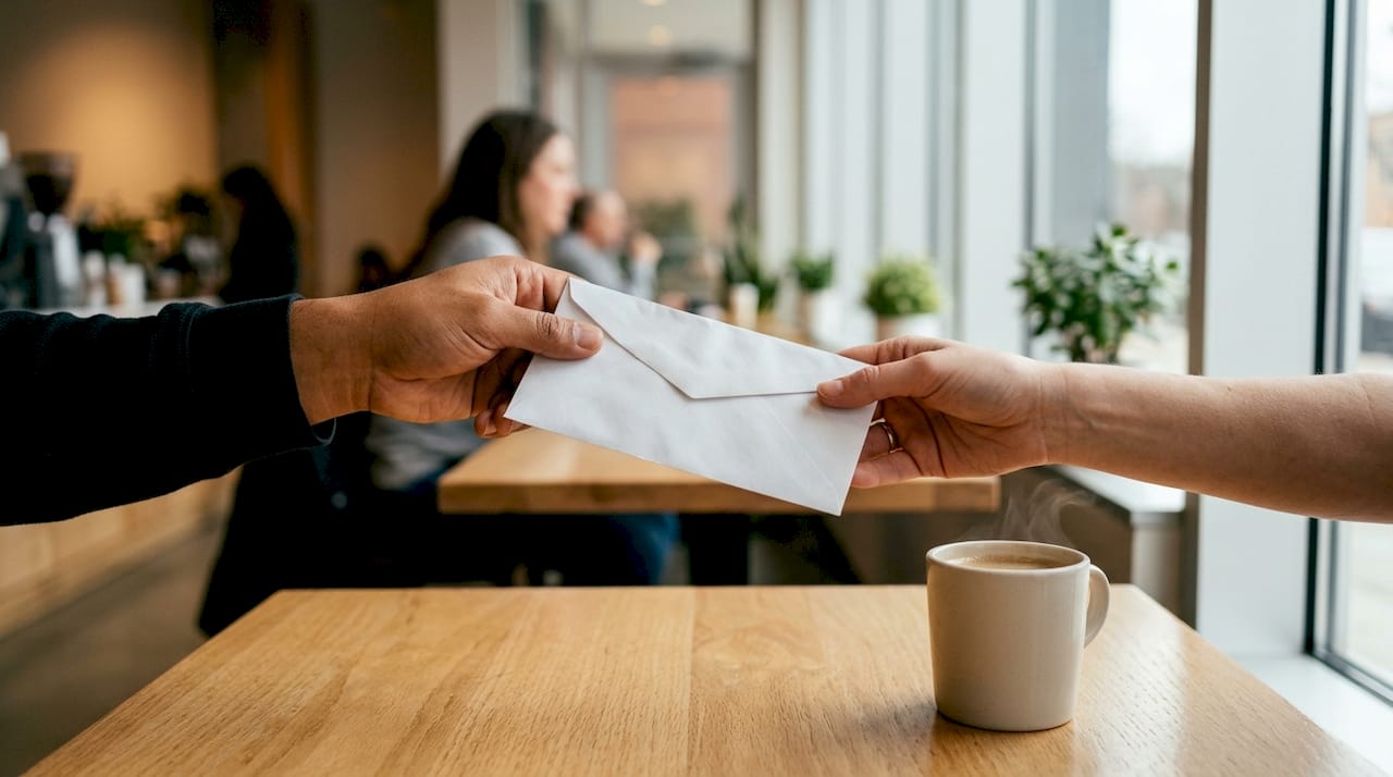 Hands exchanging envelope in real estate office