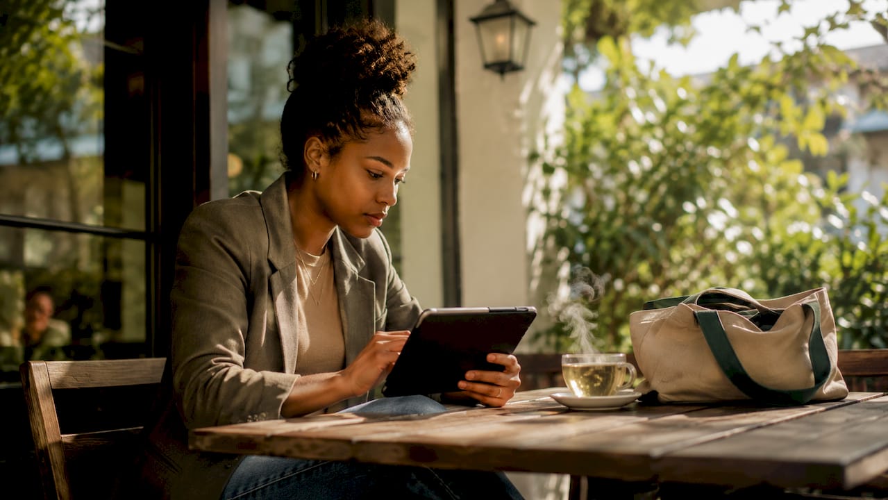 Woman researching local property market outdoors