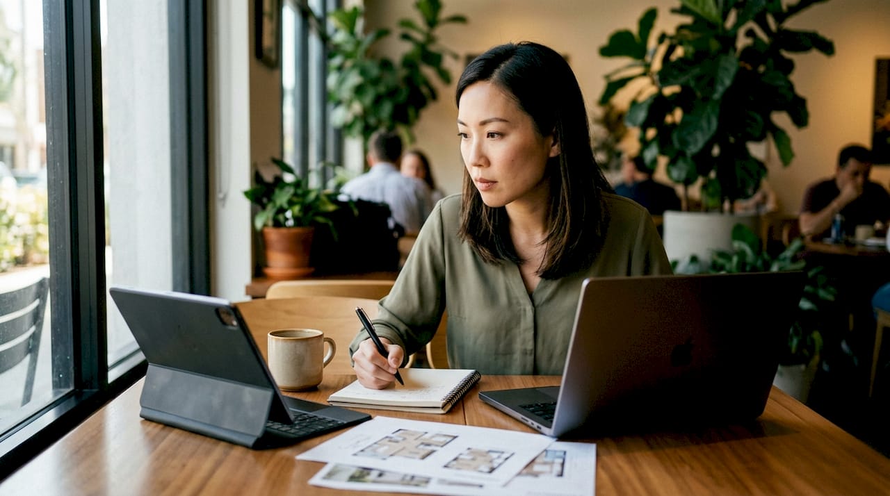 Woman taking notes during a live remote property walkthrough