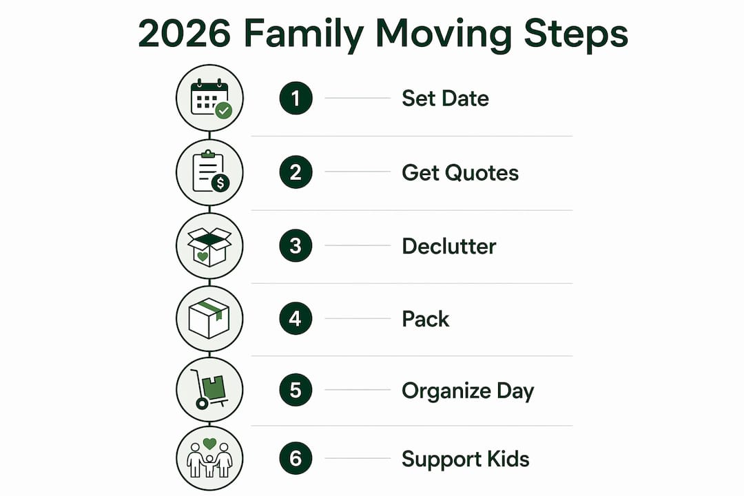 Infographic with six key family moving steps