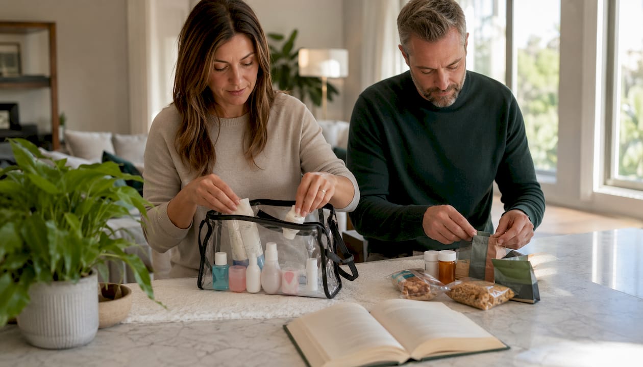 Parents packing essentials kit in kitchen