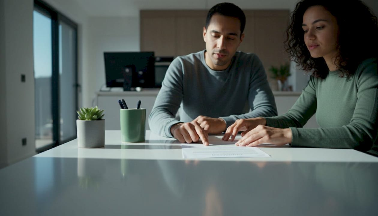 Couple reviewing off-plan property contract details