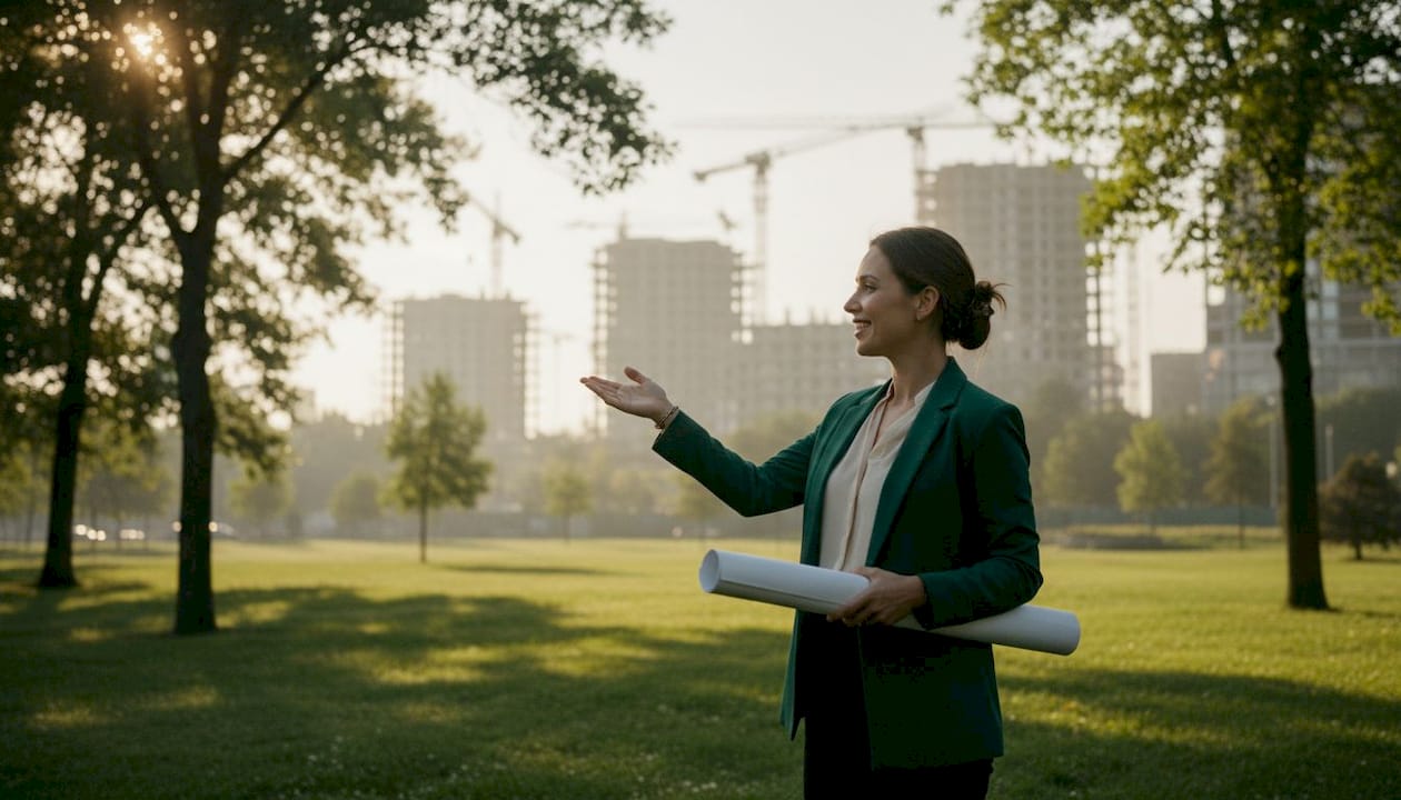 Young woman overlooking construction site enthusiastically