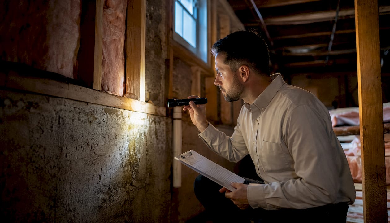 Inspector examining property attic conditions