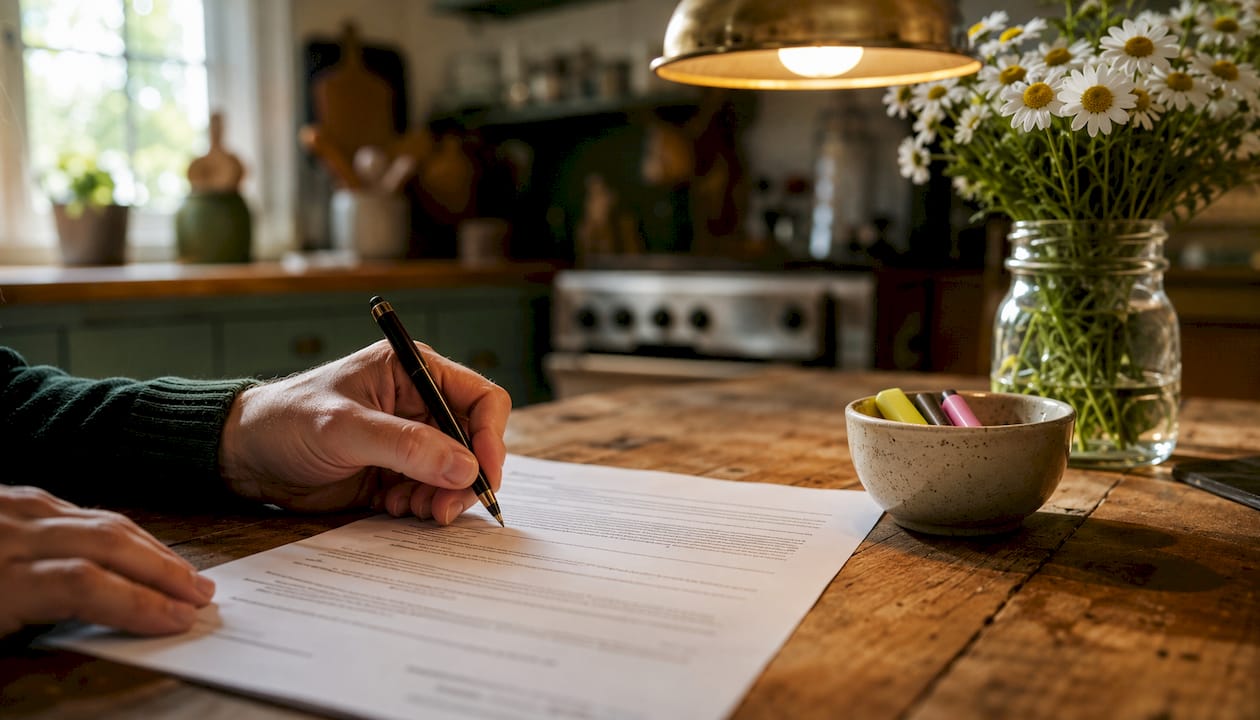 Hands reviewing moving company contract documents