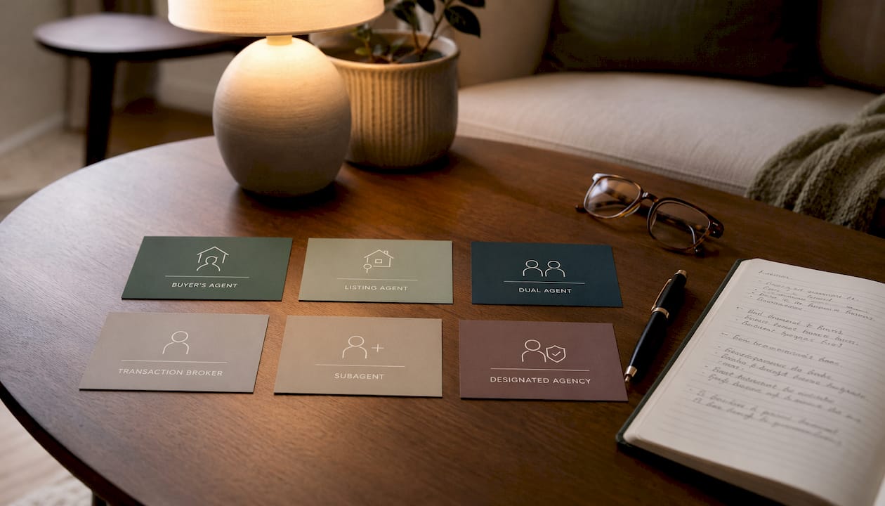 Varied real estate agent business cards on desk