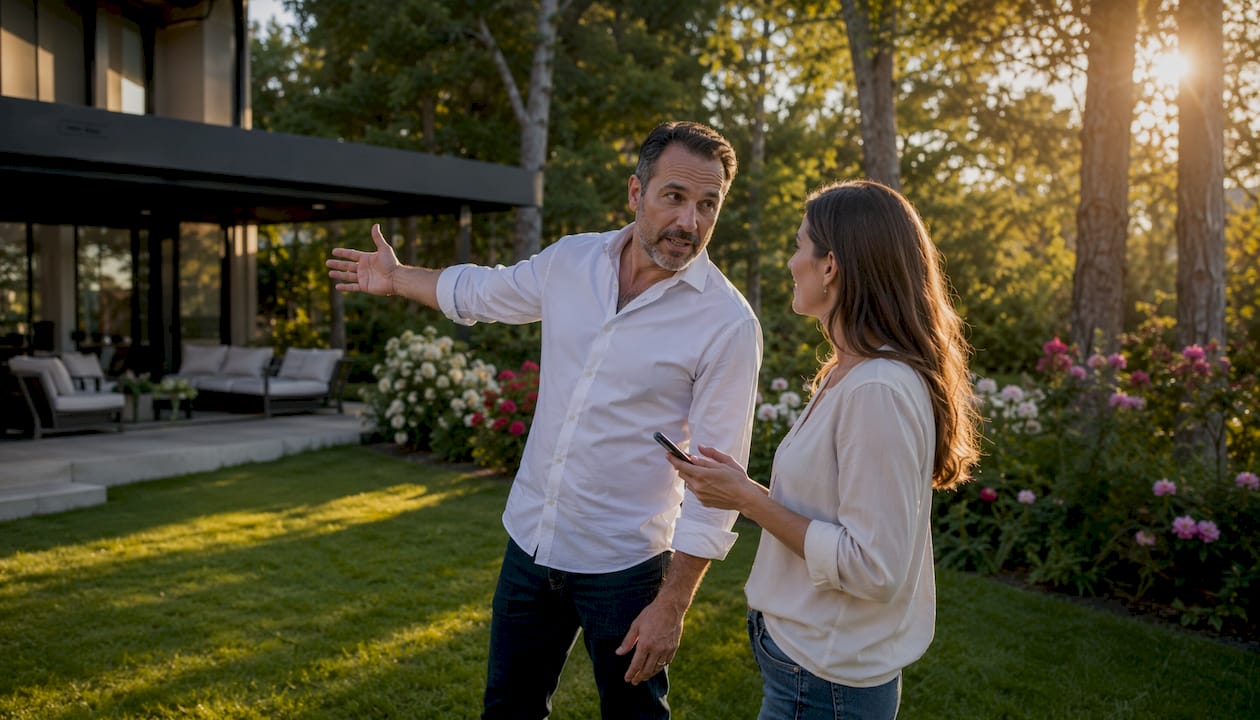 Listing agent showing home to client outdoors