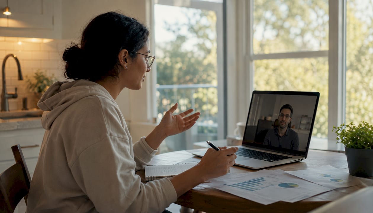 Woman consulting tax residency on laptop video call