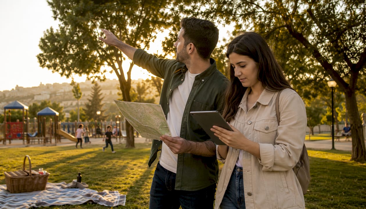 Couple exploring Beit Shemesh neighborhood streets