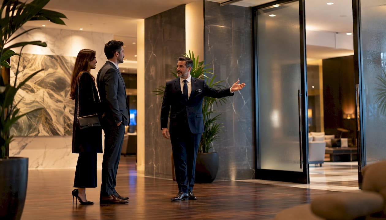 Concierge greeting buyers in luxury lobby