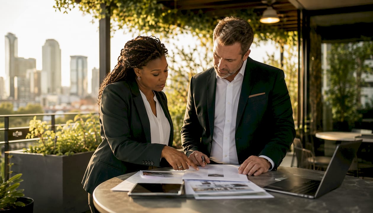 Two agents collaborating in brokerage office