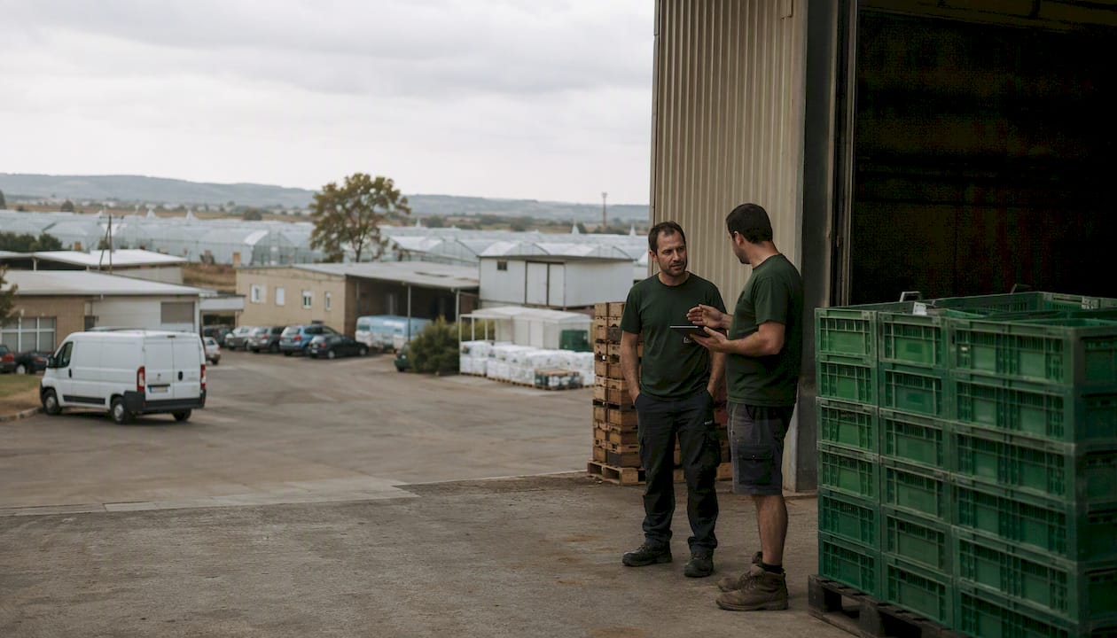 Modern kibbutz industrial area with workers