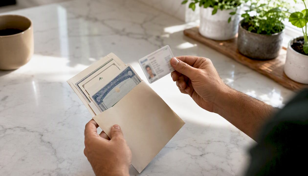 Hands holding ID and license eligibility documents