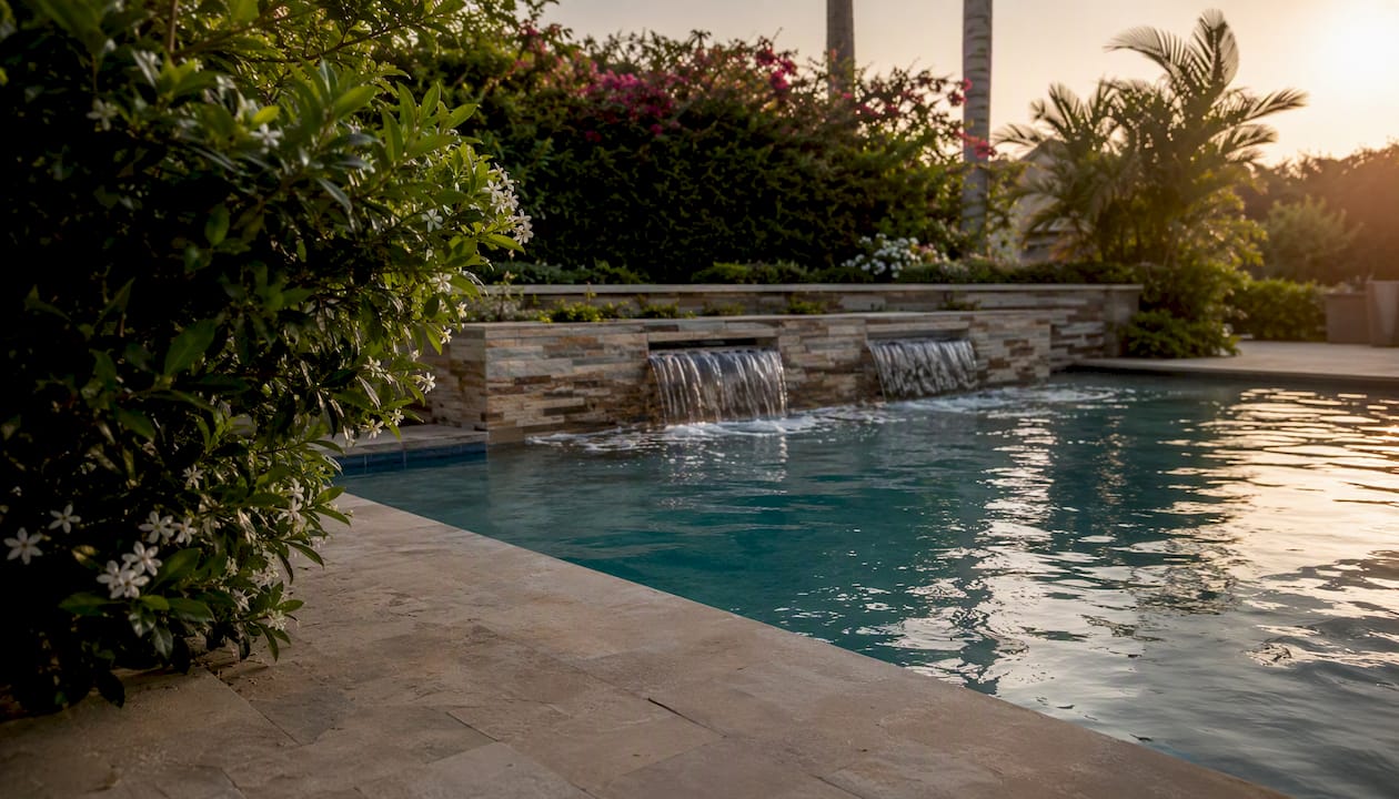Private pool and landscaping in residential enclave