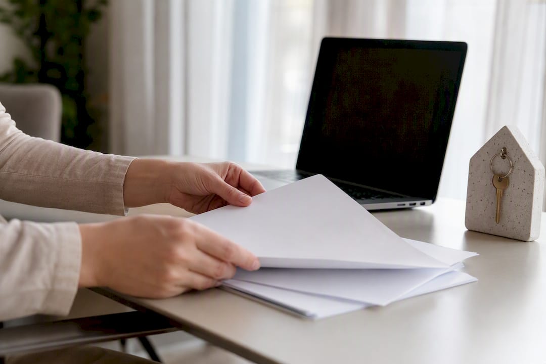 Hands organizing real estate documents and keys