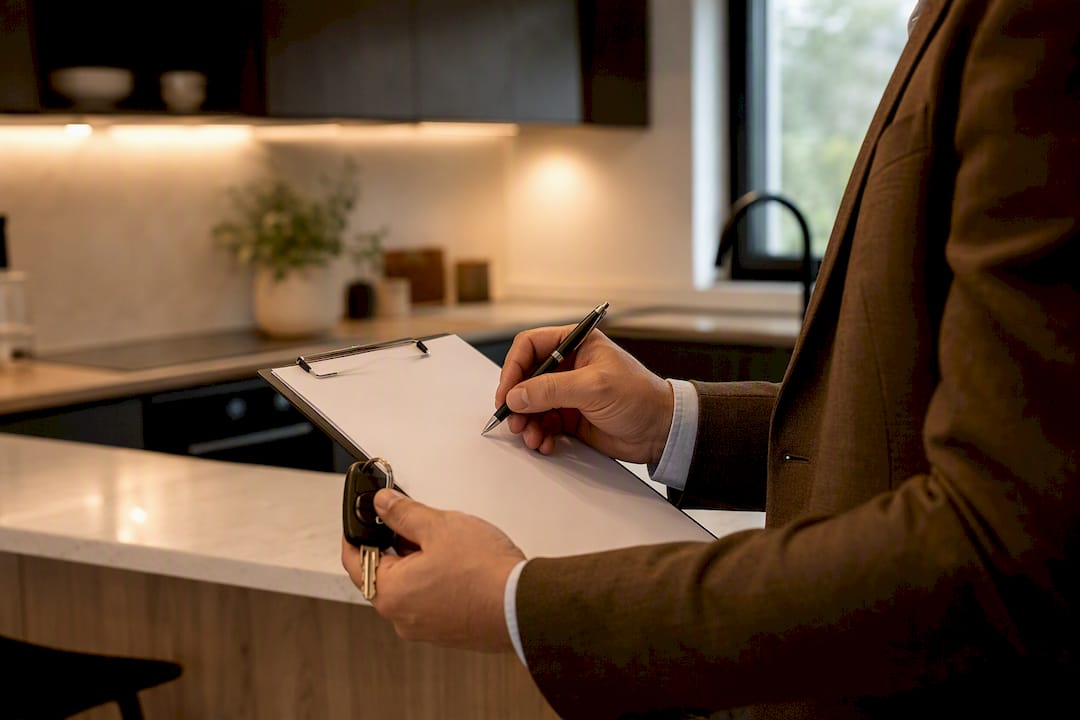 Broker hands checking checklist and holding apartment keys