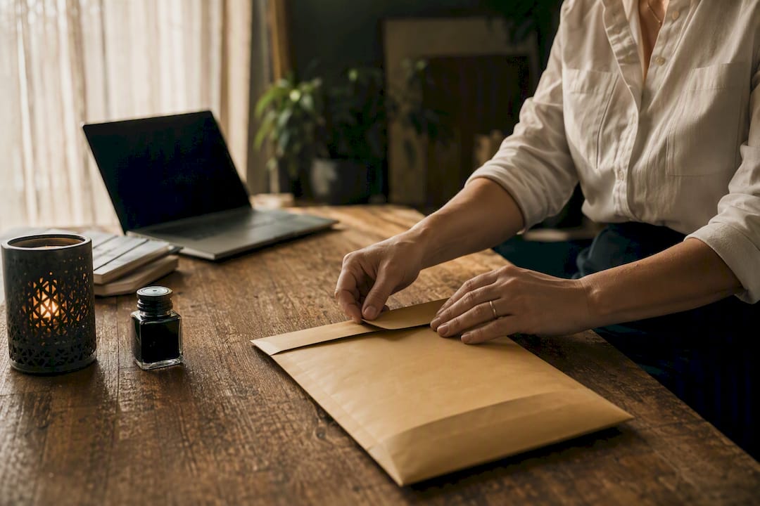 Hands sealing courier envelope with documents