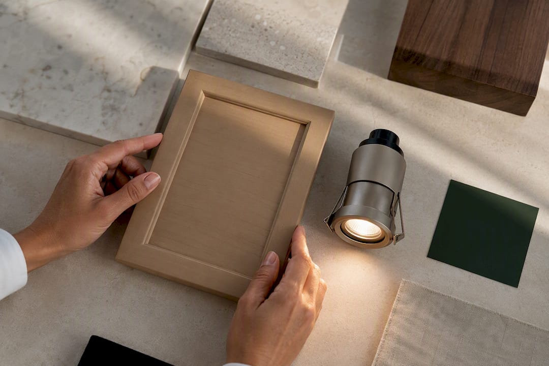 Kitchen cabinet sample beside lighting fixture