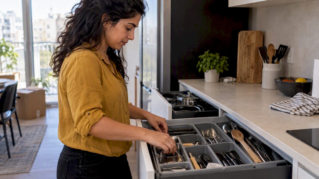 Resident arranging utensils in a pull-out drawer