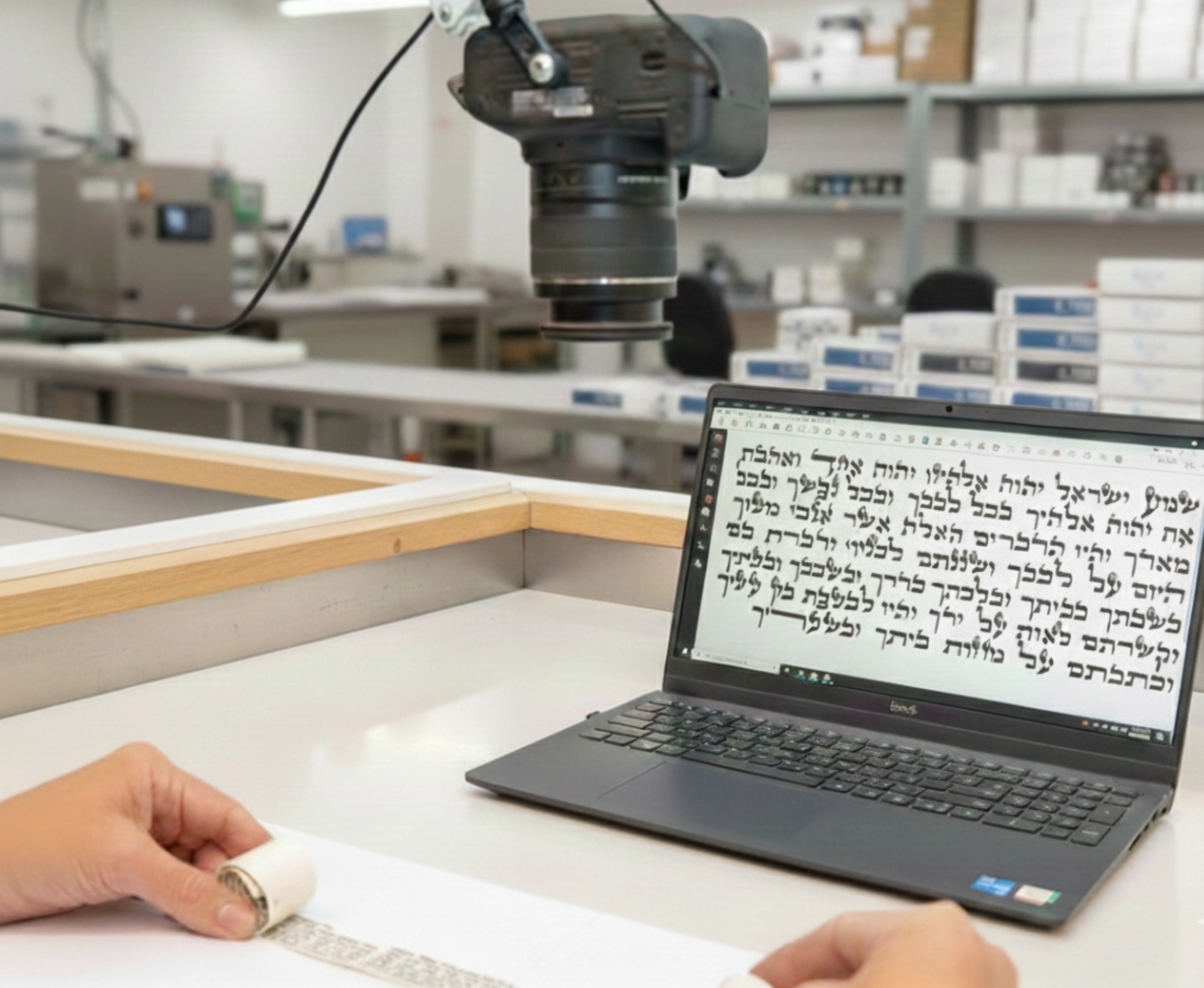 Digital mezuzah scroll verification process with camera scanning Hebrew parchment and laptop displaying the mezuzah text 