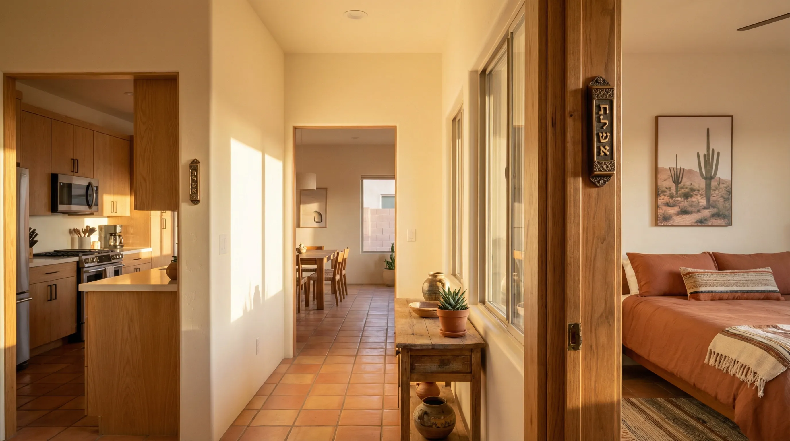 Interior of Phoenix home showing multiple doorways with mezuzahs on doorposts in warm natural lighting.