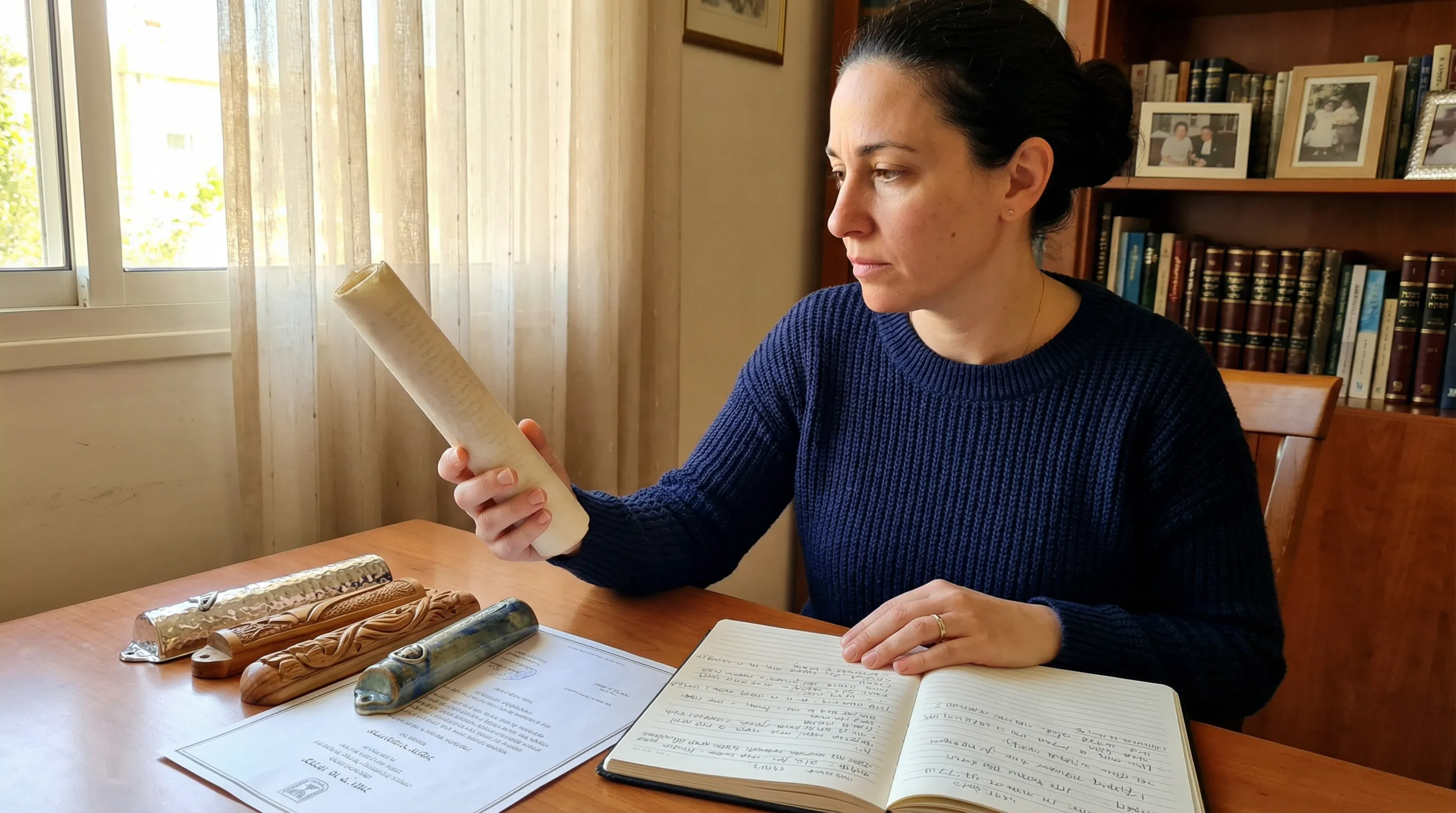 Woman examining mezuzah scroll and documentation at home desk in Phoenix