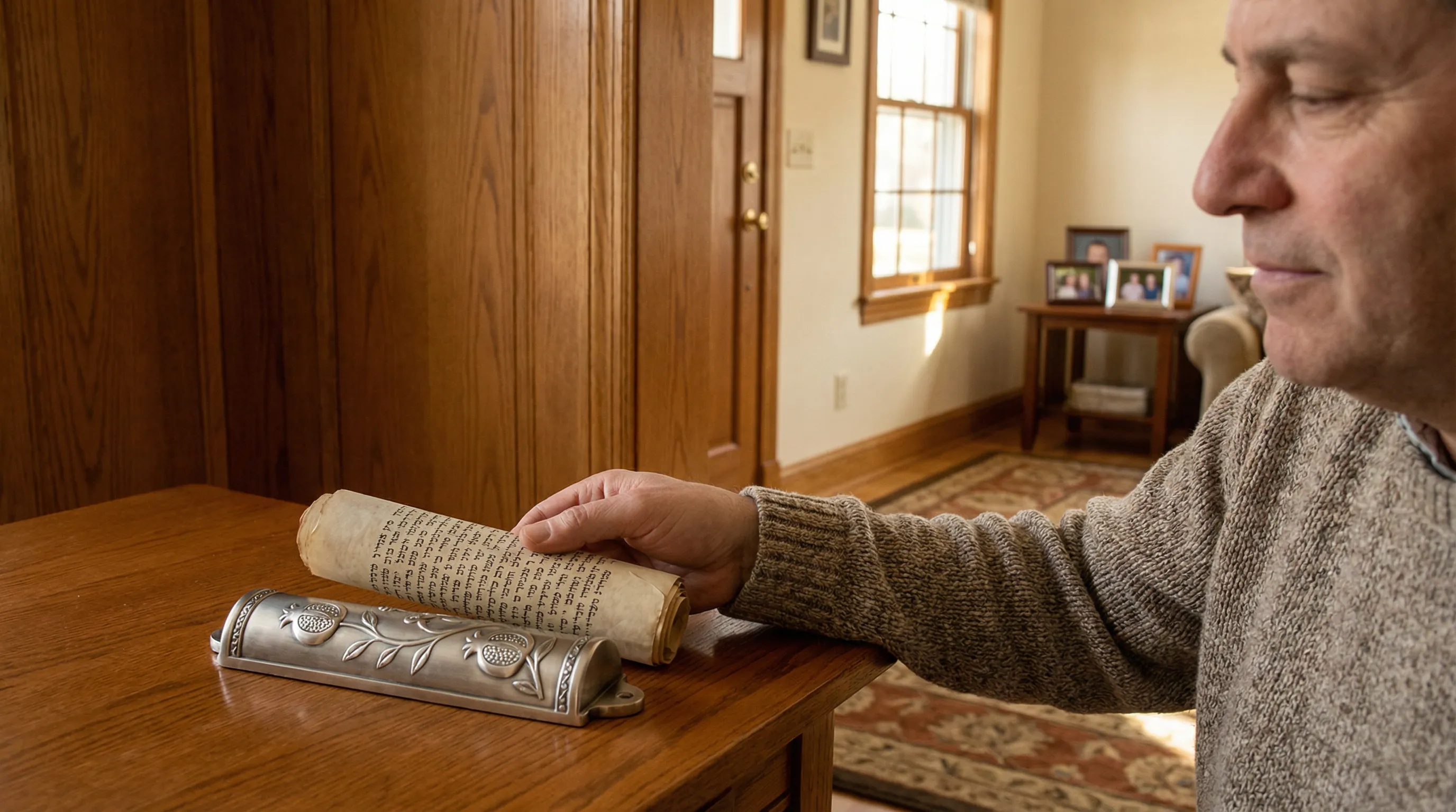 Hand holding a kosher mezuzah scroll and decorative case on a wooden table in a Dallas home.