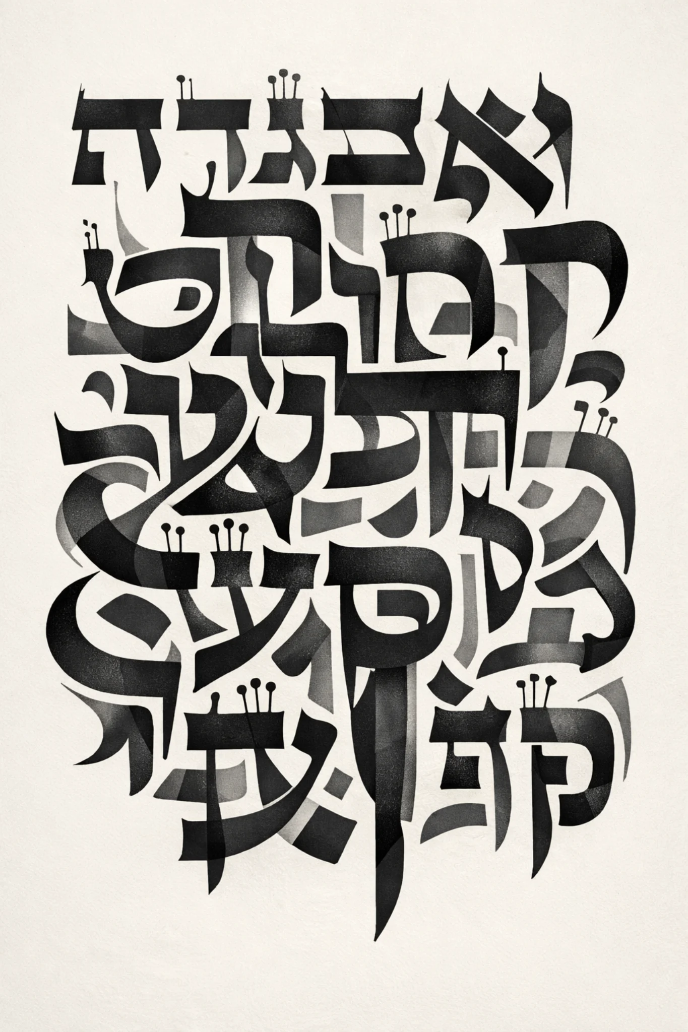 Stylized black Hebrew calligraphy artwork on a light background inspired by kosher mezuzah script and sacred text
