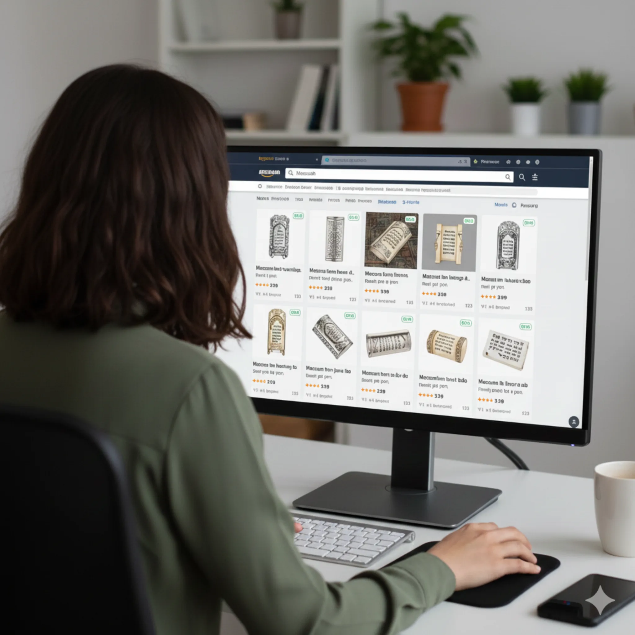 Person browsing mezuzah listings on an online marketplace, illustrating the risks of buying a mezuzah on Amazon without verified kosher certification