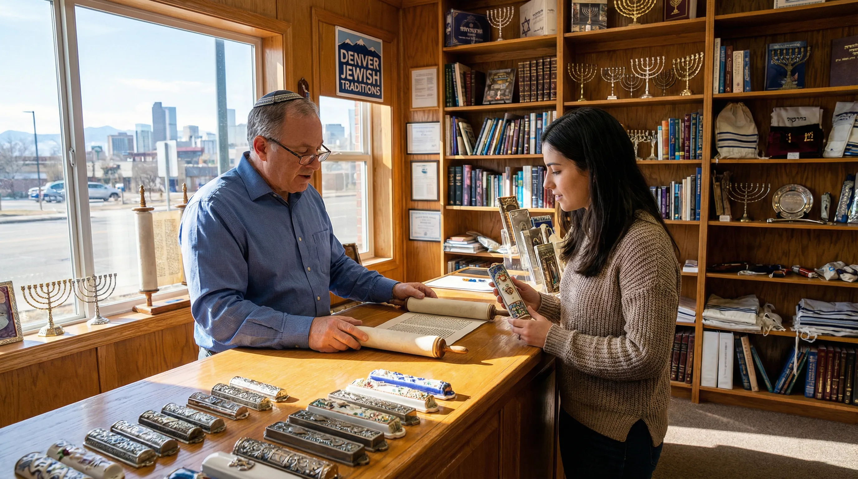 Interior of a Denver Judaica store with shopkeeper showing mezuzah to customer.