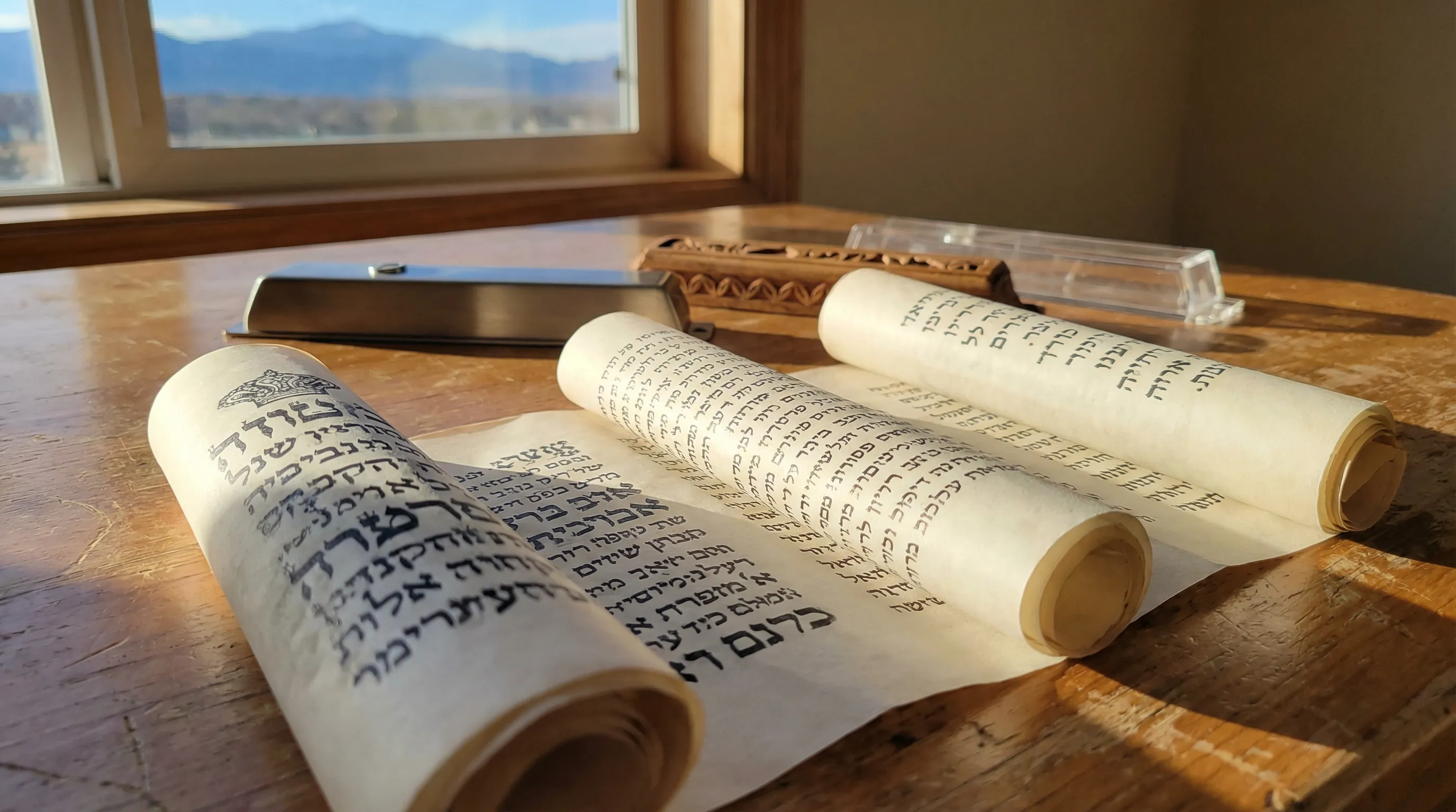 Three mezuzah scrolls with Hebrew text and protective cases on a wooden table in Denver.