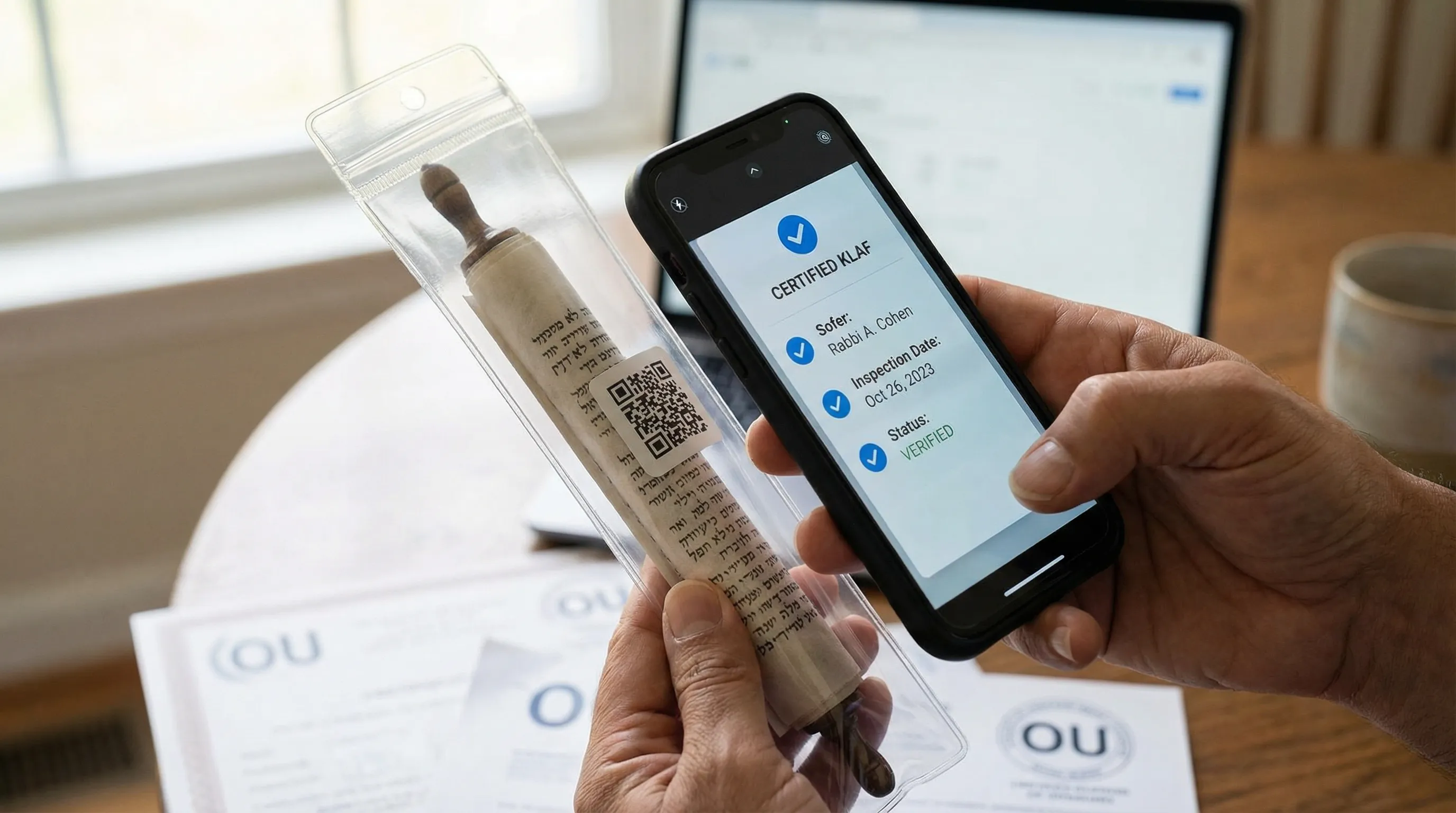 Hand scanning QR code on mezuzah scroll sleeve with smartphone showing certification details
