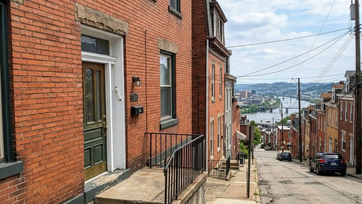 A steep brick-lined street in Pittsburgh descends toward the Monongahela River, with a green front door at house number 124 showing a mezuzah-ready doorframe; bridges and the city skyline are visible in the distance.