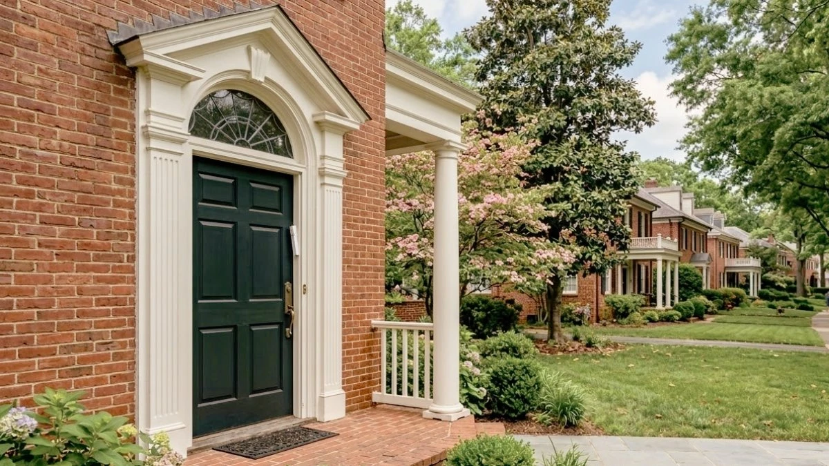 A stately brick Colonial-style home in Portland with a dark green six-panel front door framed by white pilasters and a fanlight transom, set on a tree-lined street with flowering dogwoods and manicured lawns — the classic doorframe ready for a mezuzah.