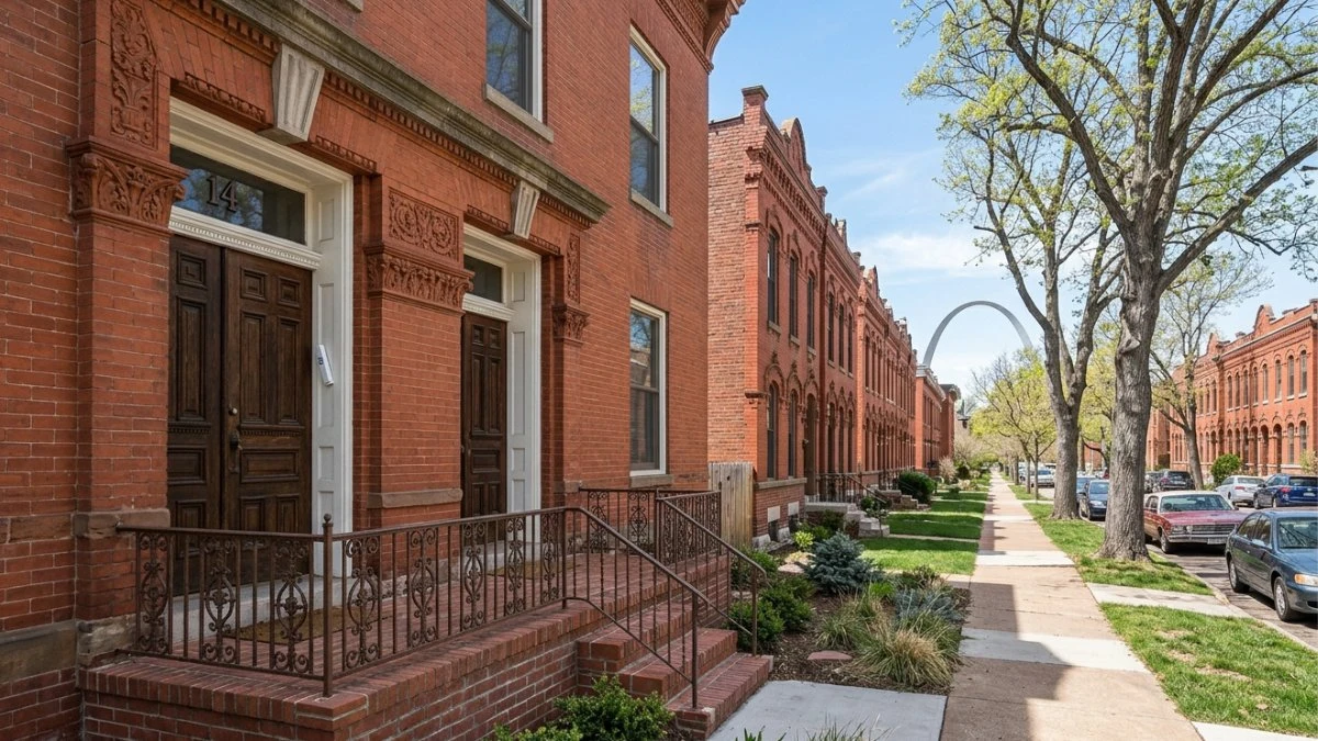 Historic red brick rowhouses with ornate carved stonework and a mezuzah on the doorpost, along a tree-lined street in St. Louis with the Gateway Arch visible in the background