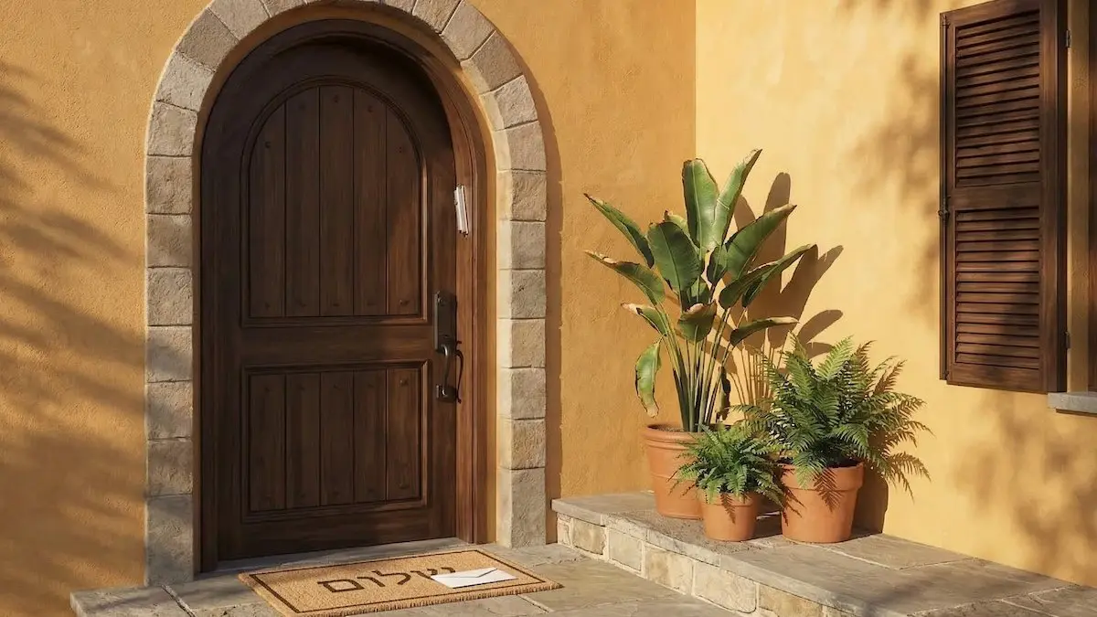 A temporarily empty Jewish home entrance featuring a dark wood arched door with a mezuzah on the doorpost, a שלום doormat with an uncollected letter, potted plants on stone steps, and closed wooden shutters on a warm golden stucco wall.
