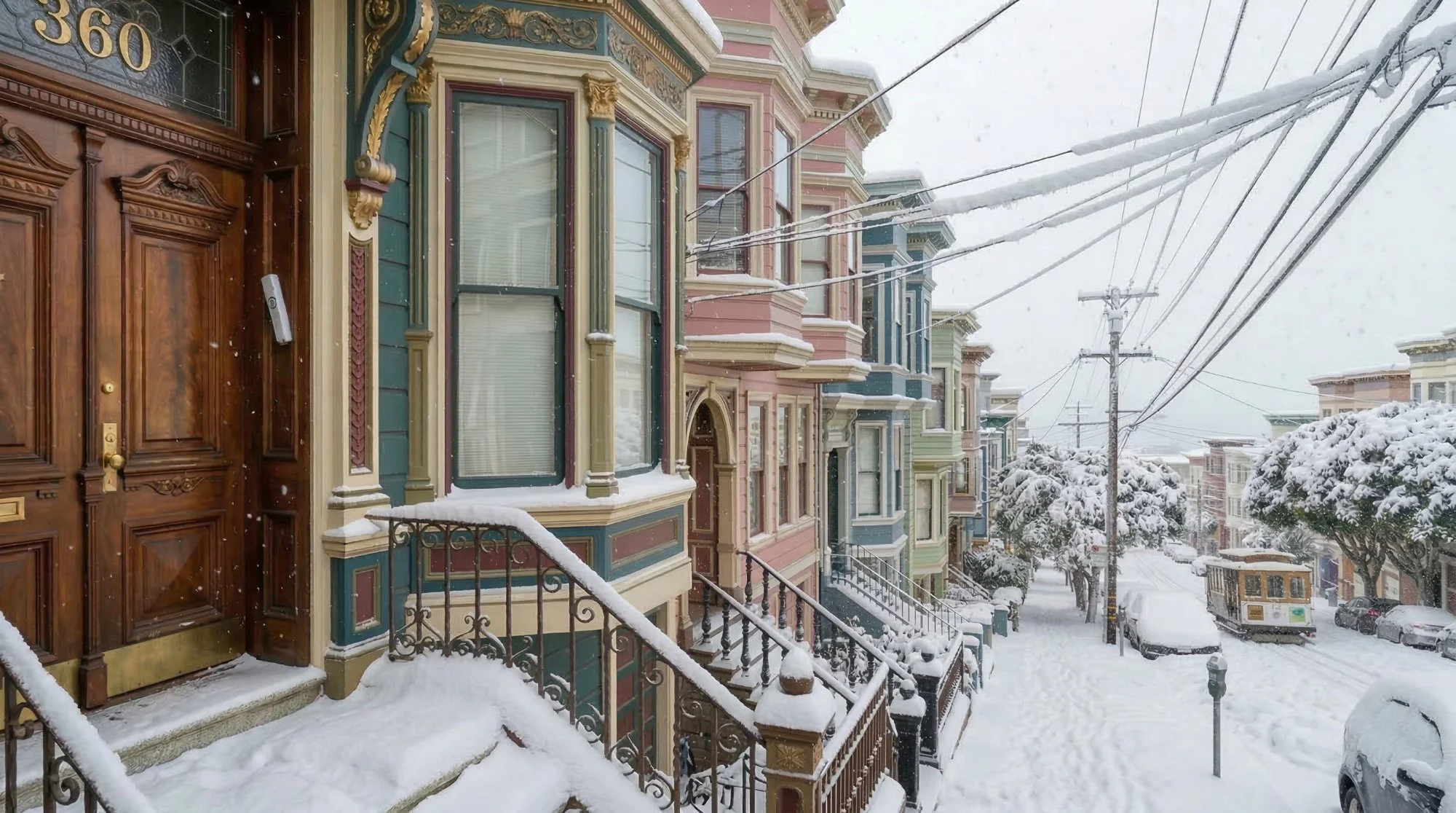 Victorian painted ladies row houses blanketed in snow on a San Francisco street, with a mezuzah visible on the doorpost of house number 360 and a cable car in the distance