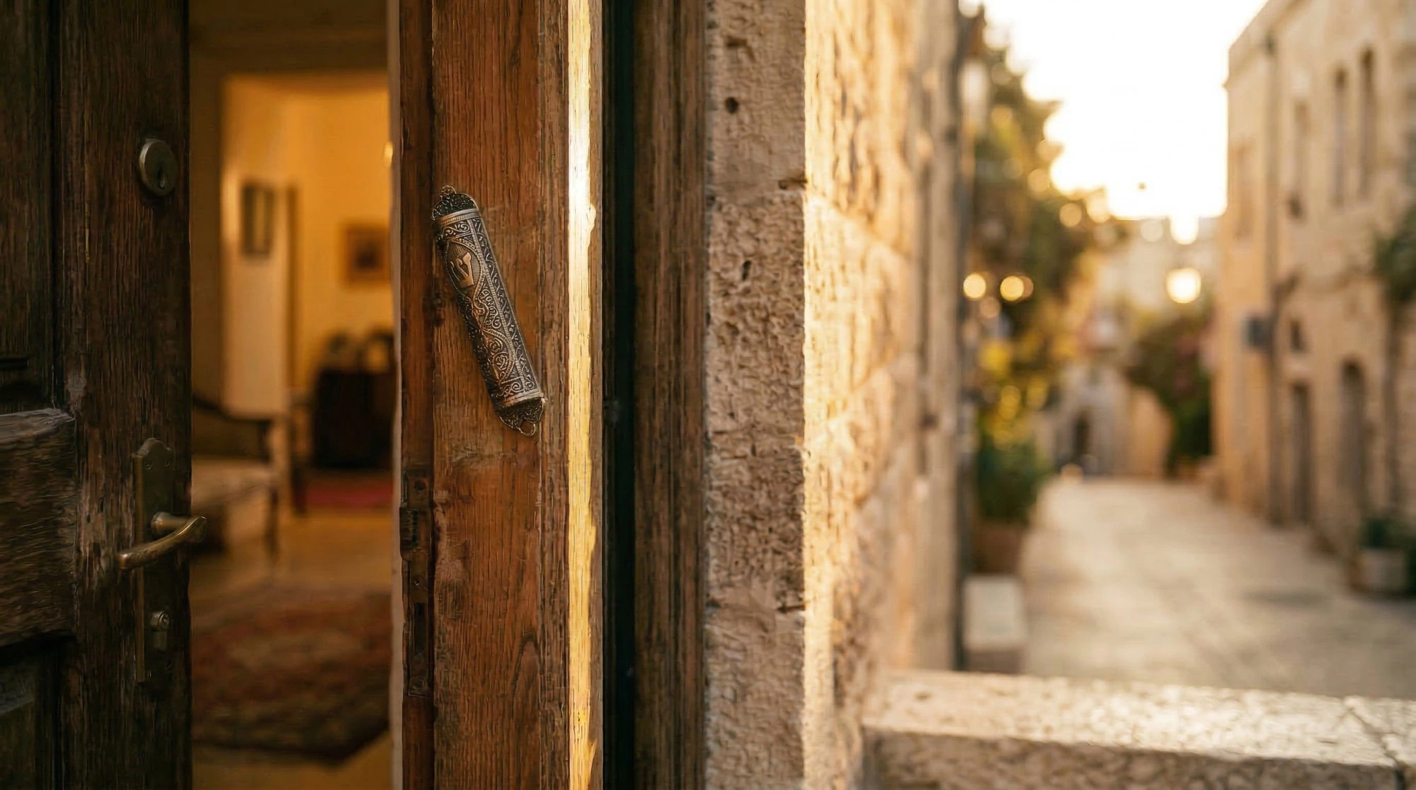 An ornate silver mezuzah with the Hebrew letter Shin affixed to a weathered wooden doorframe, with a warm golden-lit home interior visible through the open door on the left and a sunlit Jerusalem stone alleyway on the right.