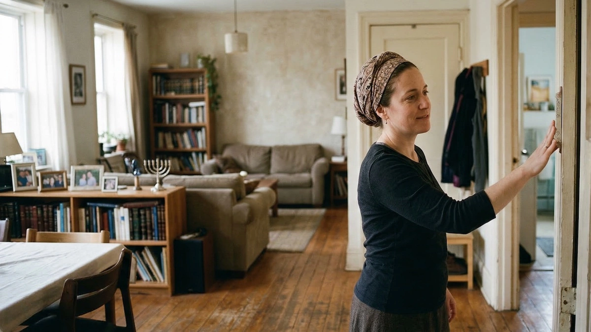 Jewish woman wearing a tichel touching the mezuzah on her doorpost in a warm home filled with seforim, family photos, and a menorah