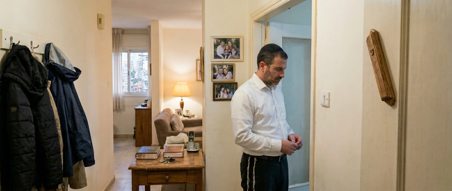 A Jewish man wearing a white shirt, kippah, and tzitzis stands in the hallway of his home near a wooden mezuzah case on the doorpost, with family photos and sefarim visible in the warm, lived-in entryway.