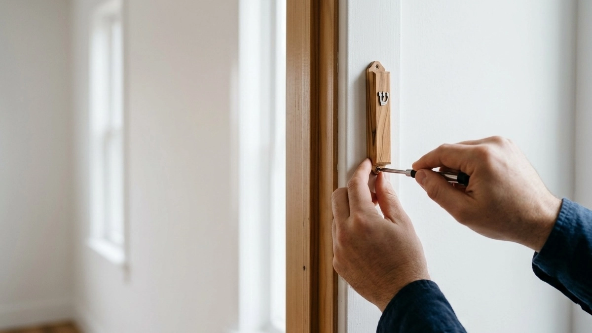 Close-up of a man's hands carefully affixing a wooden mezuzah case with a shin to a doorpost using a screwdriver — illustrating the mindful intention involved in fulfilling the mitzvah of mezuzah