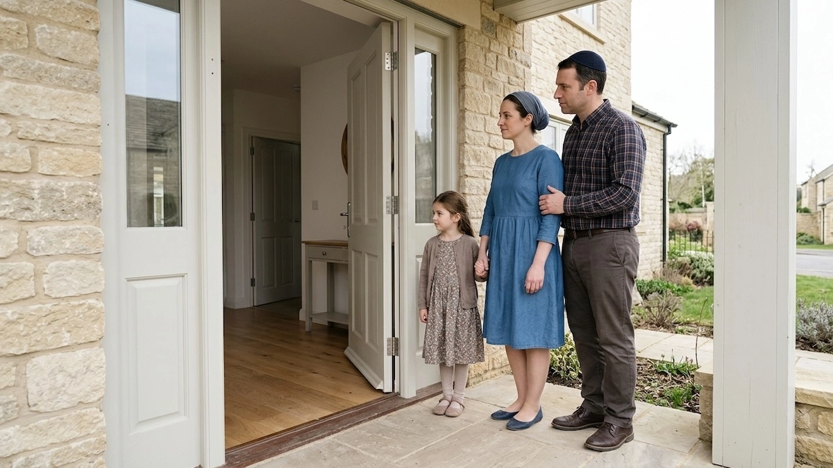 Jewish family — a father wearing a kippah, a mother in a tichel, and their young daughter — standing together at the open front door of a new home with no mezuzah on the doorpost, ready to move in
