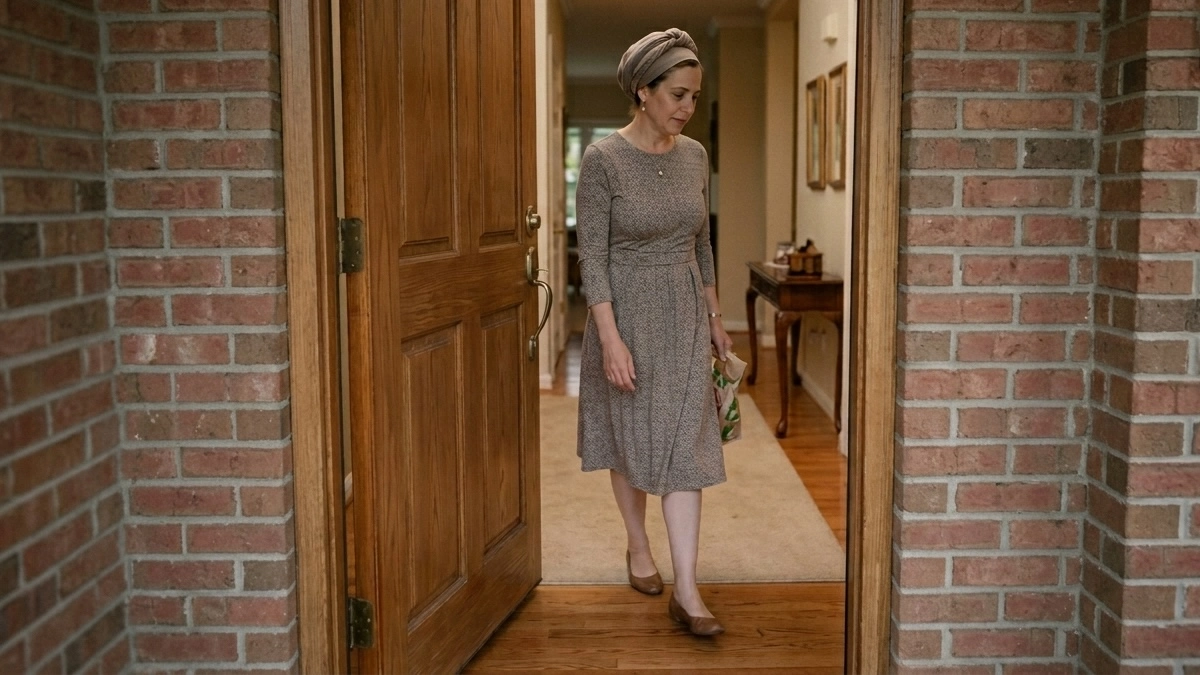 Jewish woman wearing a tichel walking through the front doorway of her brick home carrying a bag, passing an empty doorpost with no mezuzah — illustrating the everyday moment when mezuzah neglect goes unnoticed