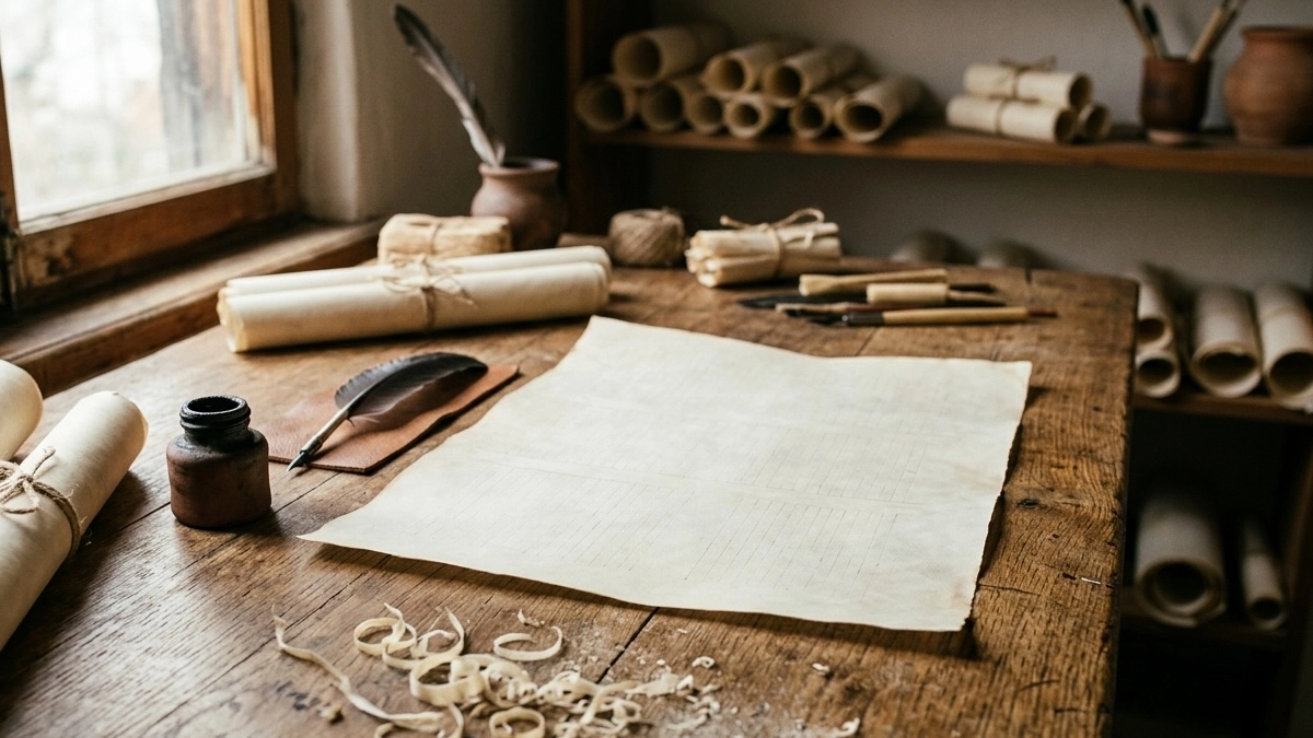 Sofer's workspace with a blank klaf parchment showing sirtut scoring lines on a rustic wooden desk, surrounded by a quill pen, ink bottle, rolled scrolls, and writing tools used to prepare a kosher mezuzah